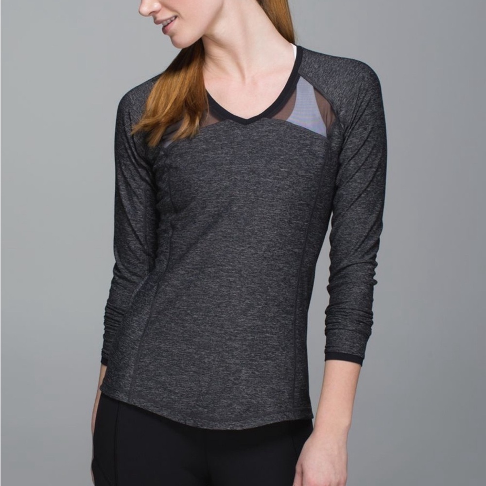 Lululemon Women’s Size 6 Pace Pusher Long Sleeve Top Heathered Black Mesh Luon